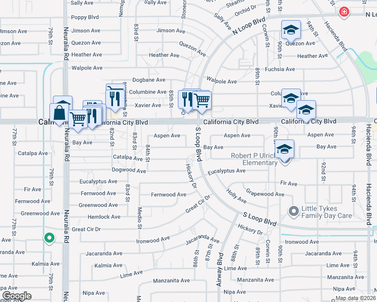 map of restaurants, bars, coffee shops, grocery stores, and more near 8606 Bay Avenue in California City