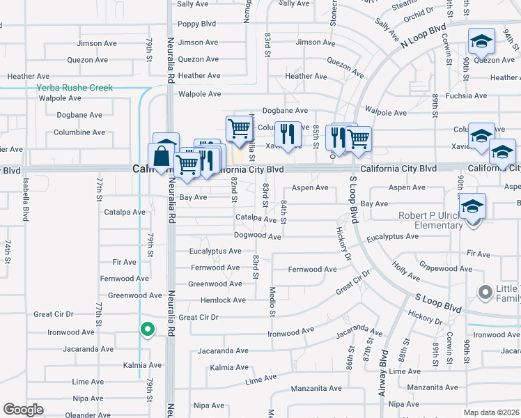 map of restaurants, bars, coffee shops, grocery stores, and more near 20912 83rd Street in California City