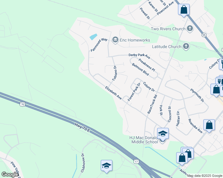 map of restaurants, bars, coffee shops, grocery stores, and more near 3624 Elizabeth Avenue in New Bern