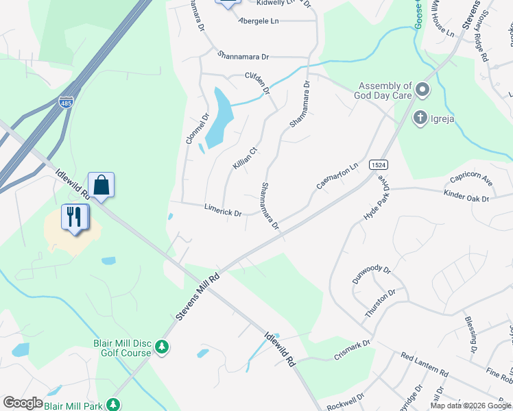 map of restaurants, bars, coffee shops, grocery stores, and more near 839 Kilarney Court in Matthews