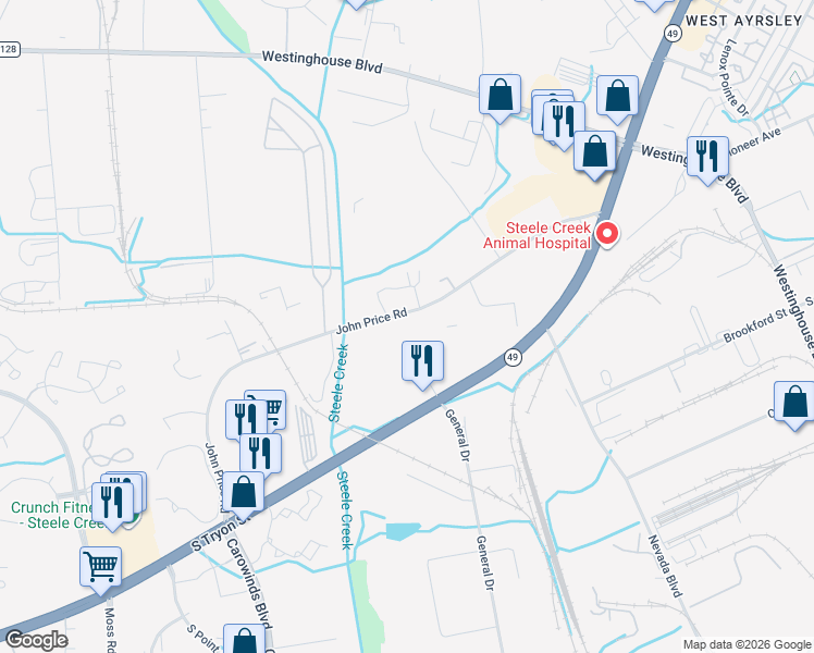 map of restaurants, bars, coffee shops, grocery stores, and more near 10201 John Price Road in Charlotte
