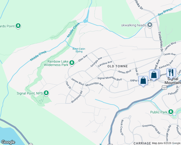 map of restaurants, bars, coffee shops, grocery stores, and more near 402 Signal Mountain Boulevard in Signal Mountain