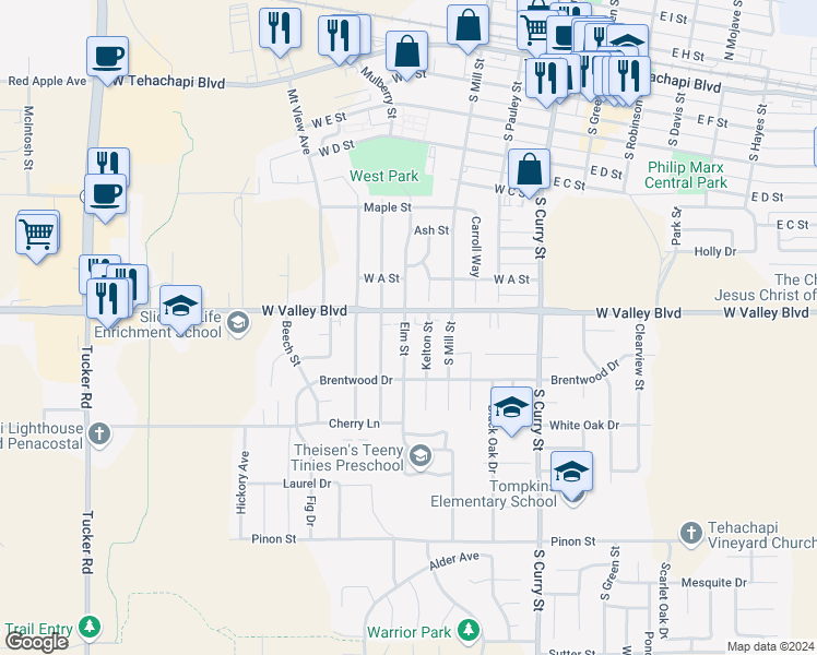 map of restaurants, bars, coffee shops, grocery stores, and more near 804 Elm Street in Tehachapi