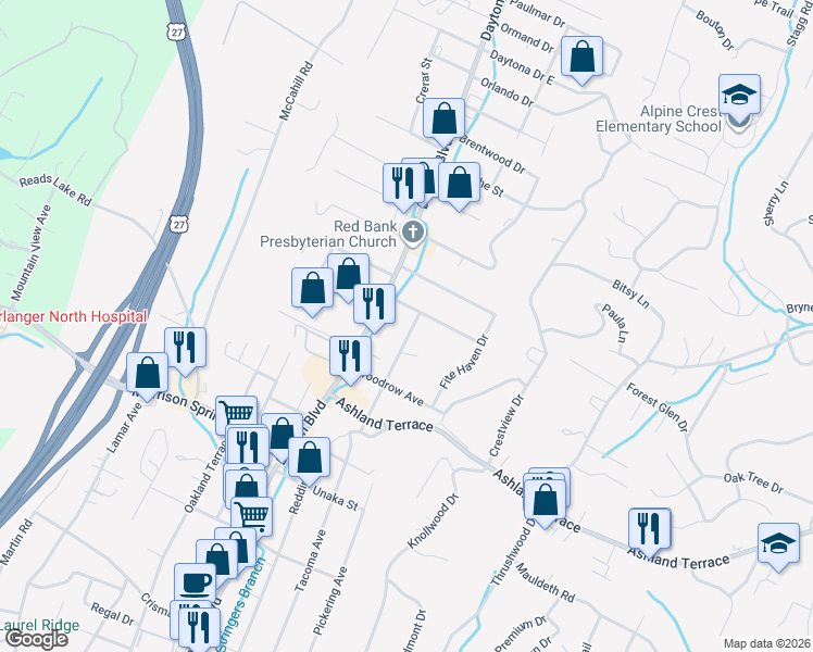 map of restaurants, bars, coffee shops, grocery stores, and more near 4220 Dayton Boulevard in Chattanooga