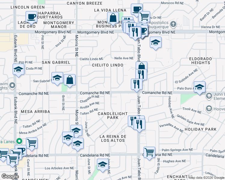 map of restaurants, bars, coffee shops, grocery stores, and more near 3700 Camino Capistrano Northeast in Albuquerque