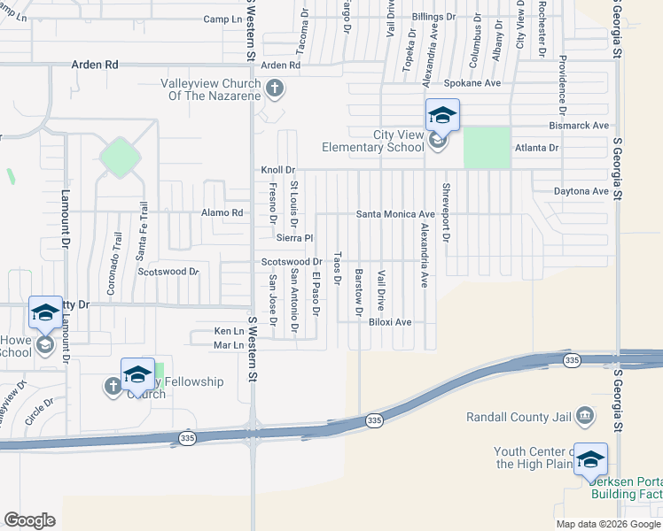 map of restaurants, bars, coffee shops, grocery stores, and more near 8300 Taos Drive in Amarillo