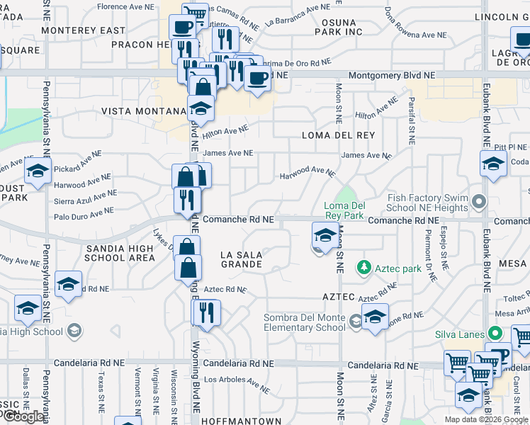 map of restaurants, bars, coffee shops, grocery stores, and more near 8632 Horacio Place Northeast in Albuquerque