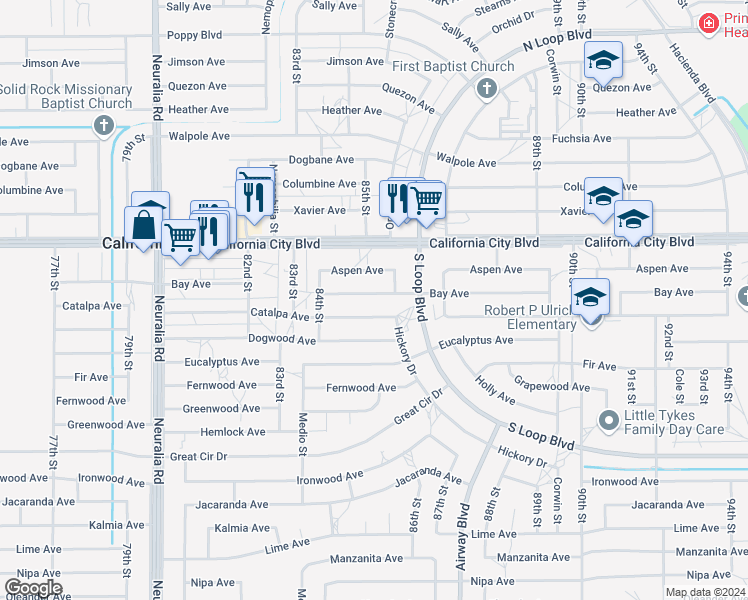 map of restaurants, bars, coffee shops, grocery stores, and more near 8524 Bay Avenue in California City