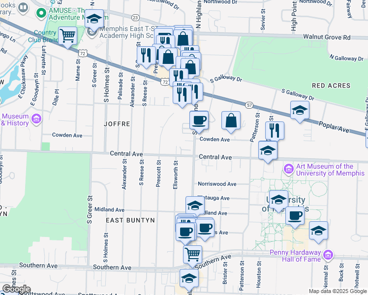map of restaurants, bars, coffee shops, grocery stores, and more near 284 West Central Park Street in Memphis