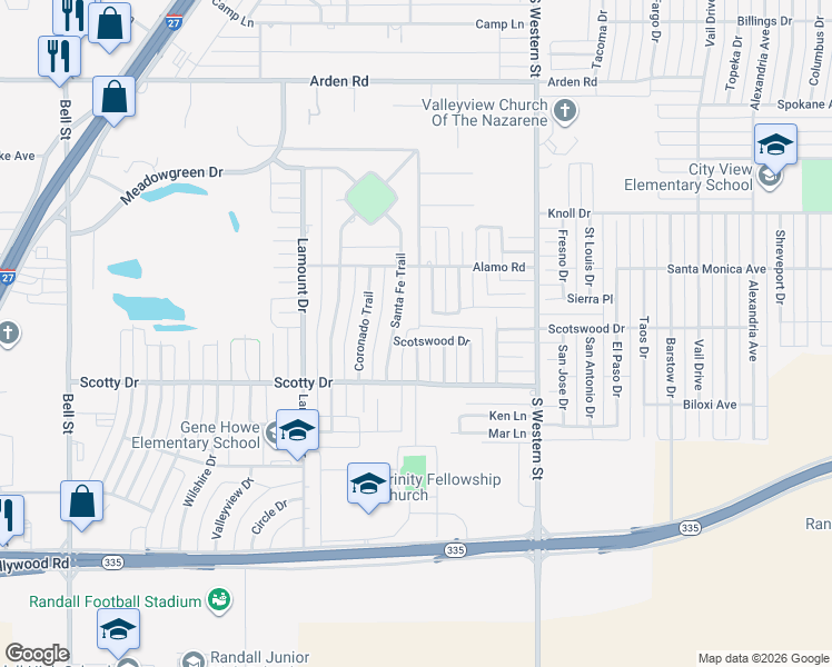 map of restaurants, bars, coffee shops, grocery stores, and more near 8114 Santa Fe Trail in Amarillo