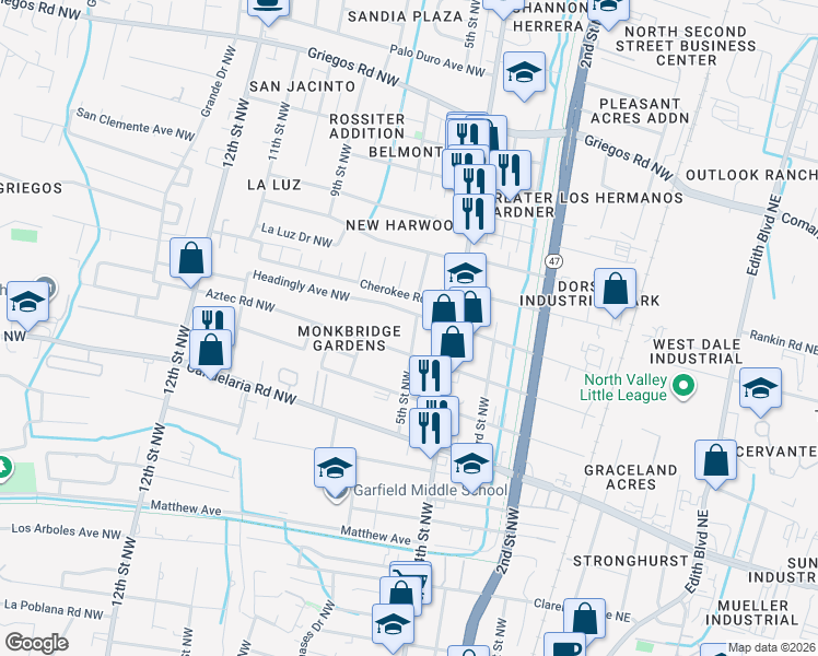map of restaurants, bars, coffee shops, grocery stores, and more near 426 Headingly Avenue Northwest in Albuquerque
