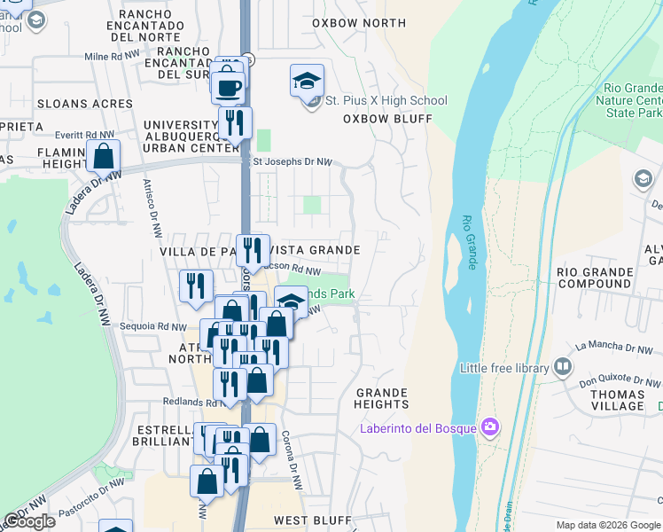 map of restaurants, bars, coffee shops, grocery stores, and more near 3701 Summit Park Road Northwest in Albuquerque
