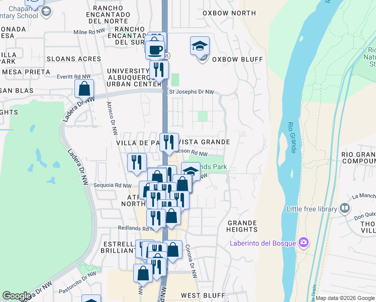 map of restaurants, bars, coffee shops, grocery stores, and more near 5308 Park Ridge Road Northwest in Albuquerque