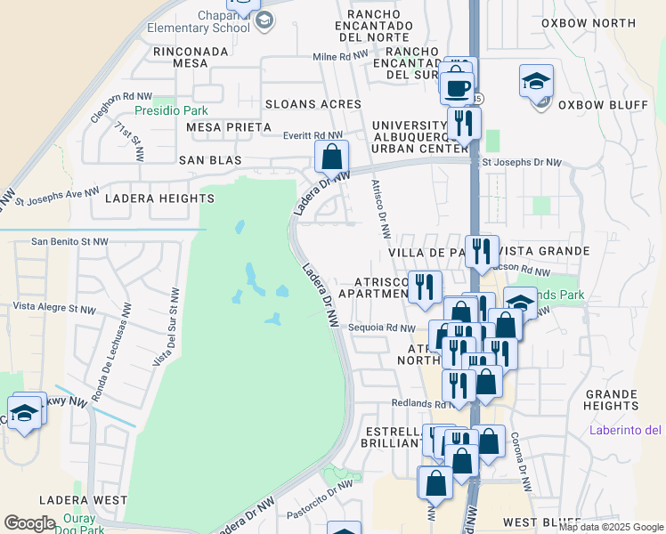 map of restaurants, bars, coffee shops, grocery stores, and more near 3608 Ladera Drive Northwest in Albuquerque