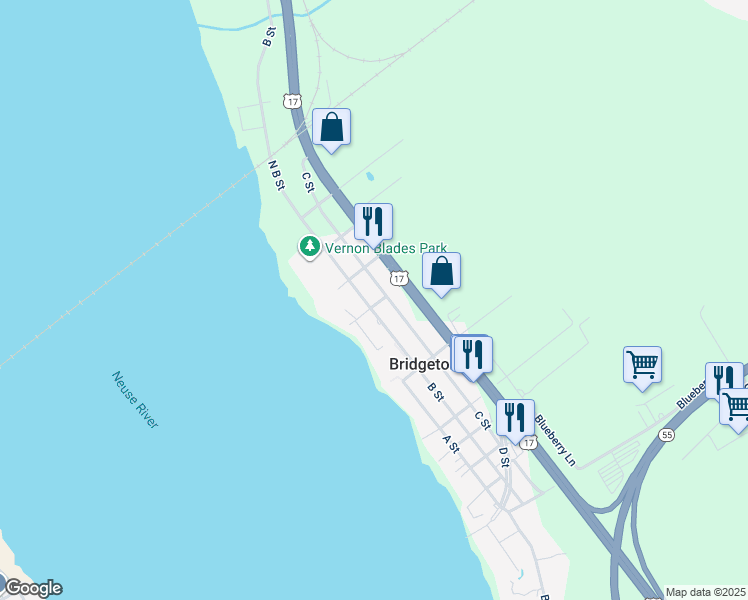 map of restaurants, bars, coffee shops, grocery stores, and more near 808 B Street in New Bern