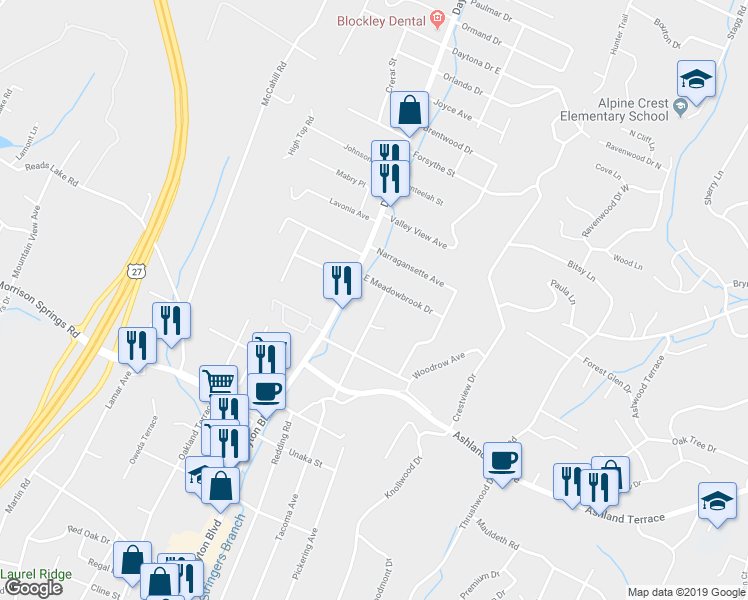 map of restaurants, bars, coffee shops, grocery stores, and more near 4220 Dayton Boulevard in Chattanooga