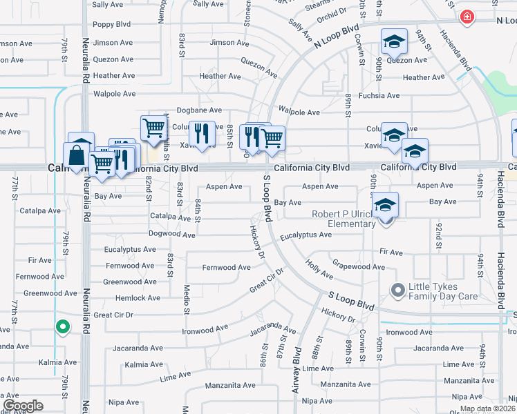 map of restaurants, bars, coffee shops, grocery stores, and more near 8606 Bay Avenue in California City