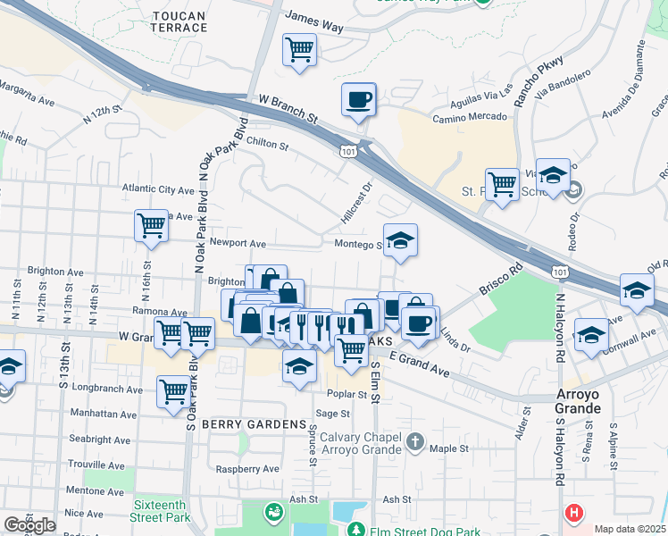 map of restaurants, bars, coffee shops, grocery stores, and more near 233 Ruth Ann Way in Arroyo Grande