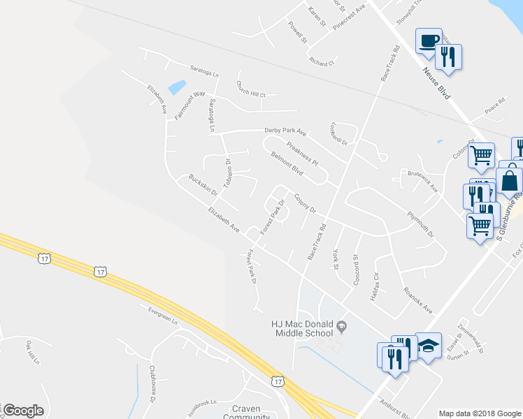 map of restaurants, bars, coffee shops, grocery stores, and more near 3714 Colony Drive in New Bern