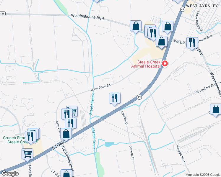 map of restaurants, bars, coffee shops, grocery stores, and more near 10201 John Price Road in Charlotte