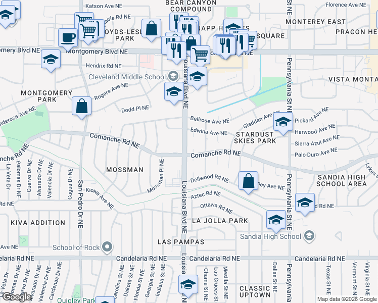 map of restaurants, bars, coffee shops, grocery stores, and more near in Albuquerque
