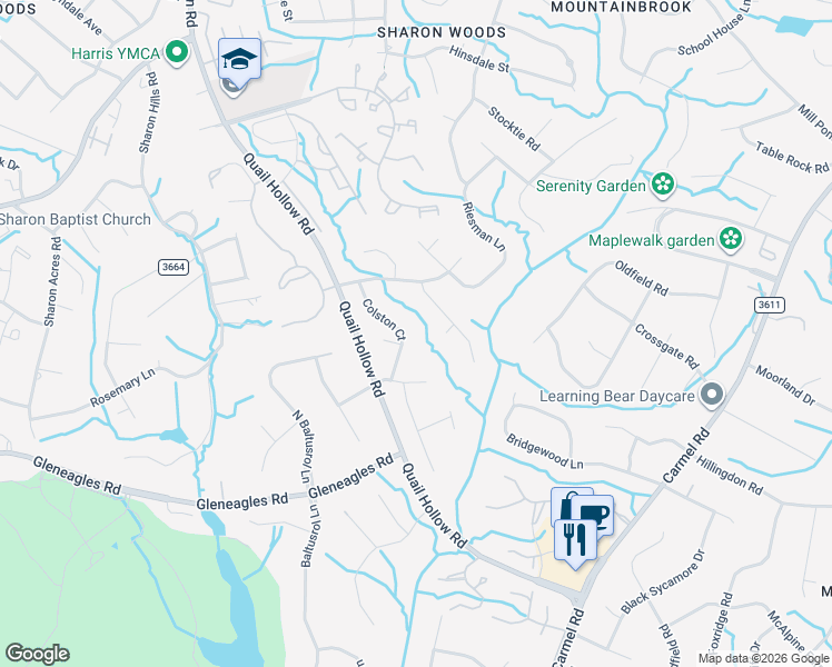map of restaurants, bars, coffee shops, grocery stores, and more near 6643 Colston Court in Charlotte