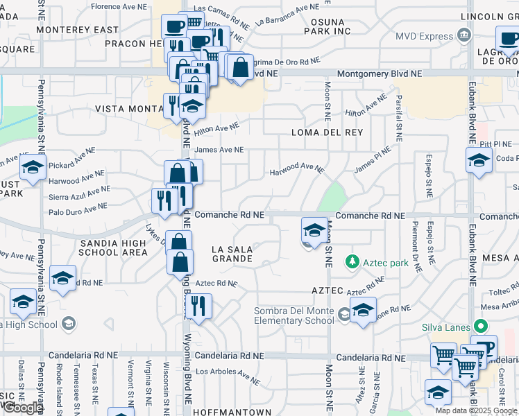 map of restaurants, bars, coffee shops, grocery stores, and more near 8641 Comanche Road Northeast in Albuquerque