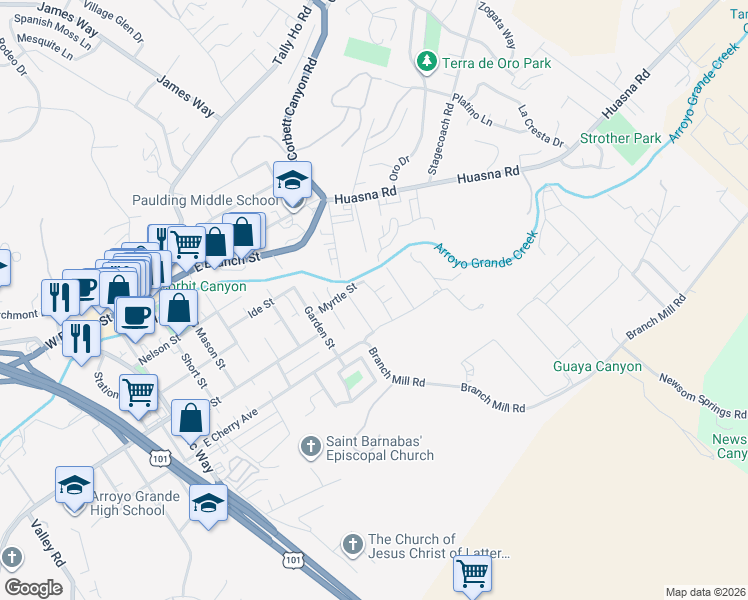 map of restaurants, bars, coffee shops, grocery stores, and more near 318 Myrtle Drive in Arroyo Grande