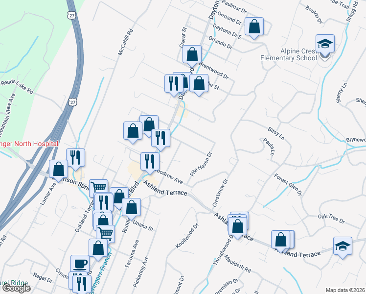map of restaurants, bars, coffee shops, grocery stores, and more near 112 Meadowbrook Drive West in Chattanooga