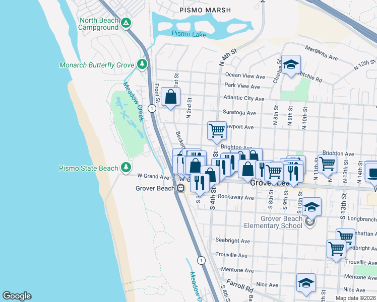 map of restaurants, bars, coffee shops, grocery stores, and more near 272 Beckett Place in Grover Beach