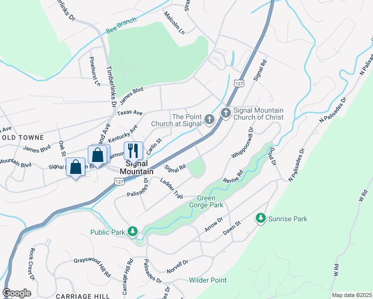 map of restaurants, bars, coffee shops, grocery stores, and more near 924 Taft Highway in Signal Mountain