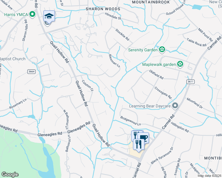 map of restaurants, bars, coffee shops, grocery stores, and more near 6717 Wynfaire Lane in Charlotte