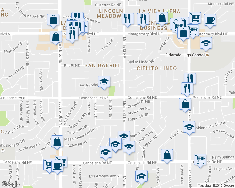 map of restaurants, bars, coffee shops, grocery stores, and more near 10301 Comanche Rd NE in Albuquerque