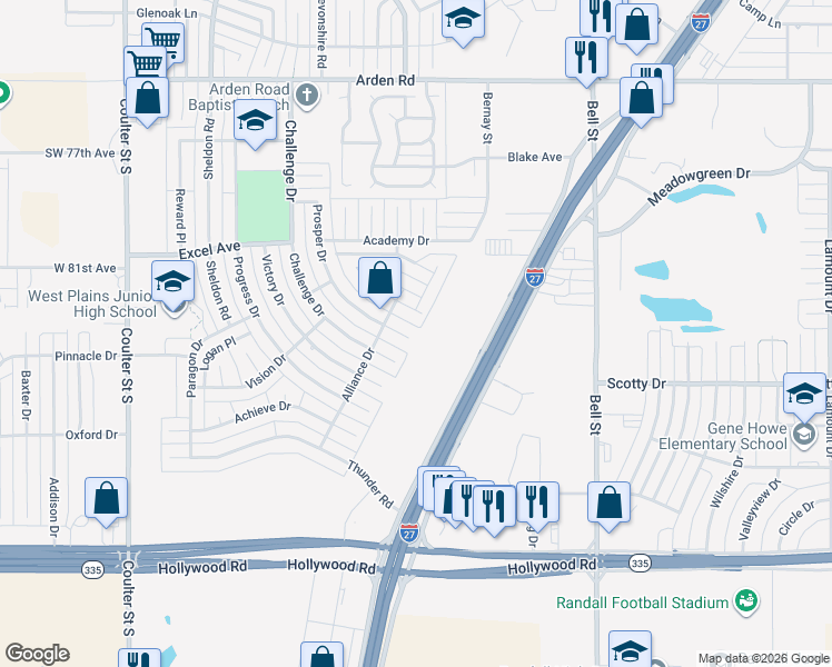 map of restaurants, bars, coffee shops, grocery stores, and more near 8311 Prosper Drive in Amarillo