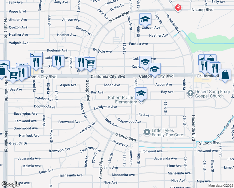 map of restaurants, bars, coffee shops, grocery stores, and more near 8836 Bay Avenue in California City