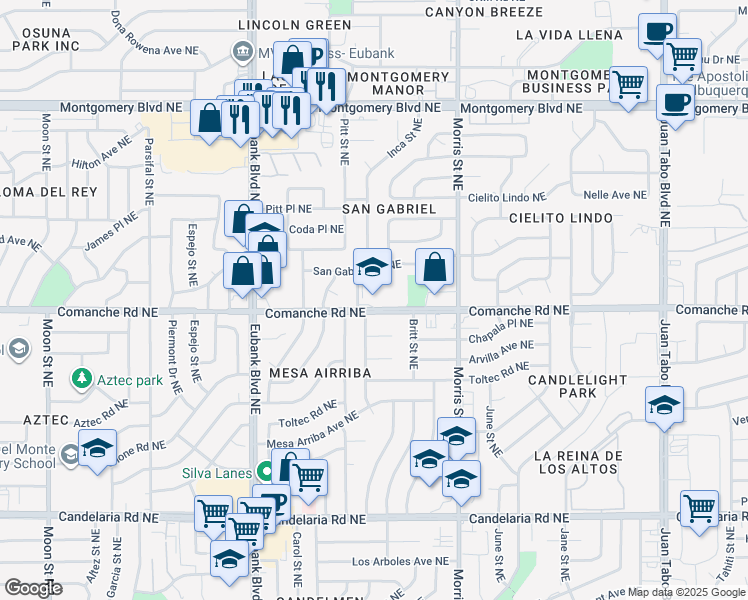 map of restaurants, bars, coffee shops, grocery stores, and more near 10121 Comanche Road Northeast in Albuquerque