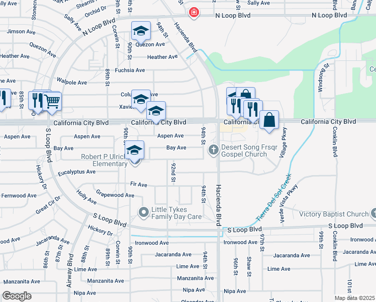 map of restaurants, bars, coffee shops, grocery stores, and more near 9236 Bay Avenue in California City