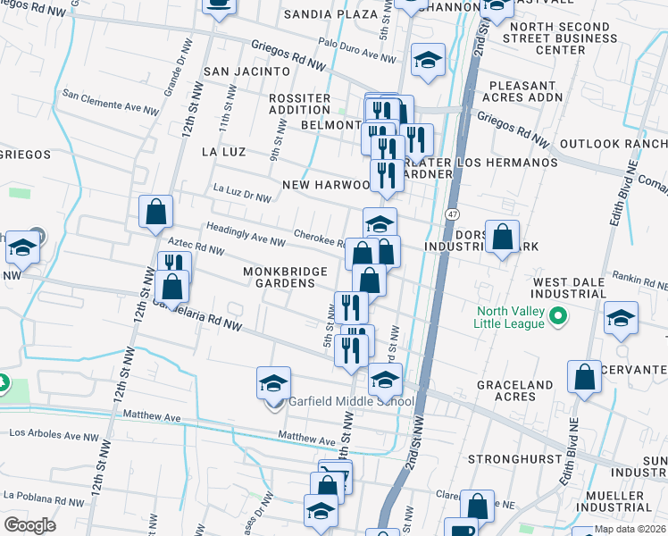 map of restaurants, bars, coffee shops, grocery stores, and more near 426 Headingly Avenue Northwest in Albuquerque