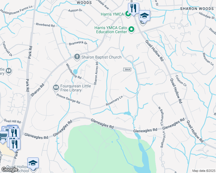 map of restaurants, bars, coffee shops, grocery stores, and more near 6336 Saint John Lane in Charlotte