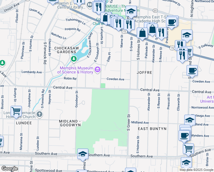 map of restaurants, bars, coffee shops, grocery stores, and more near 3128 Central Avenue in Memphis