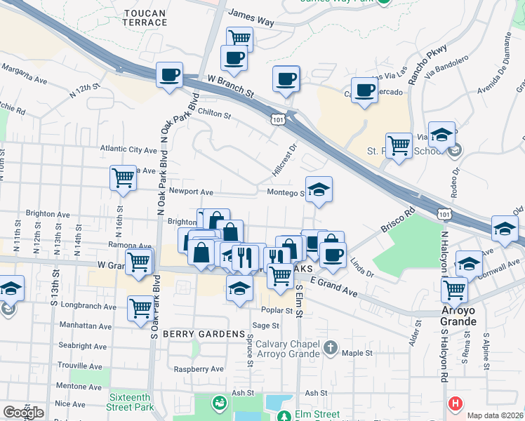 map of restaurants, bars, coffee shops, grocery stores, and more near 233 Ruth Ann Way in Arroyo Grande