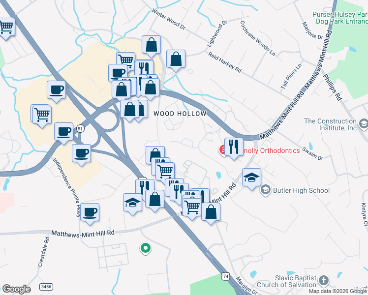 map of restaurants, bars, coffee shops, grocery stores, and more near 10865 Casetta Drive in Matthews