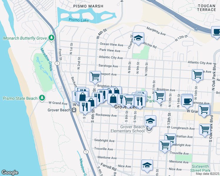 map of restaurants, bars, coffee shops, grocery stores, and more near 568 Brighton Avenue in Grover Beach