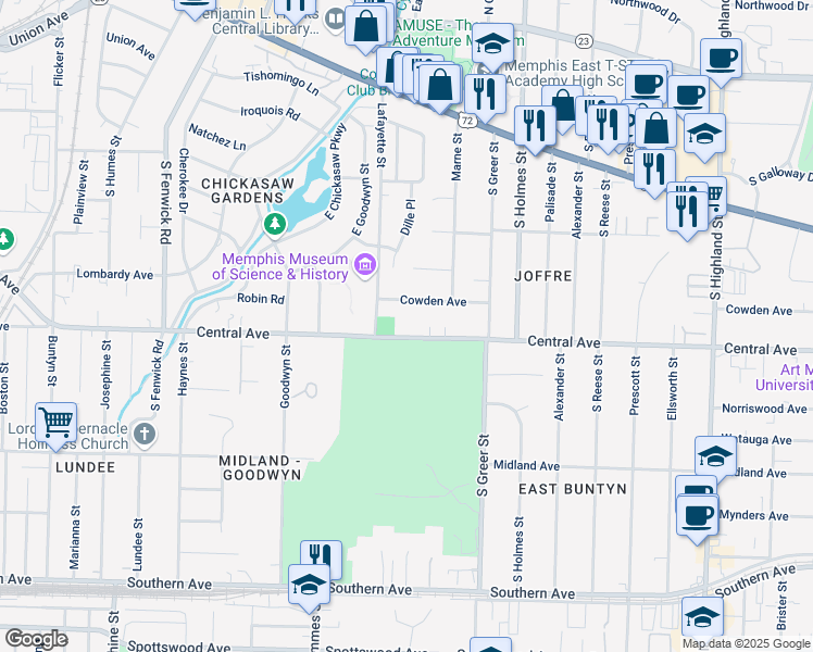 map of restaurants, bars, coffee shops, grocery stores, and more near 3128 Central Avenue in Memphis