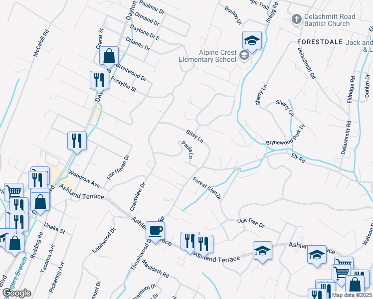 map of restaurants, bars, coffee shops, grocery stores, and more near 4434 Paula Lane in Chattanooga