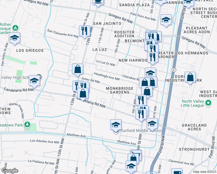 map of restaurants, bars, coffee shops, grocery stores, and more near 902 Aztec Road Northwest in Albuquerque
