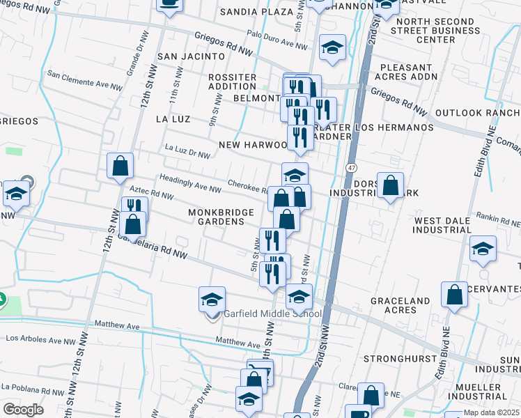 map of restaurants, bars, coffee shops, grocery stores, and more near 426 Headingly Avenue Northwest in Albuquerque