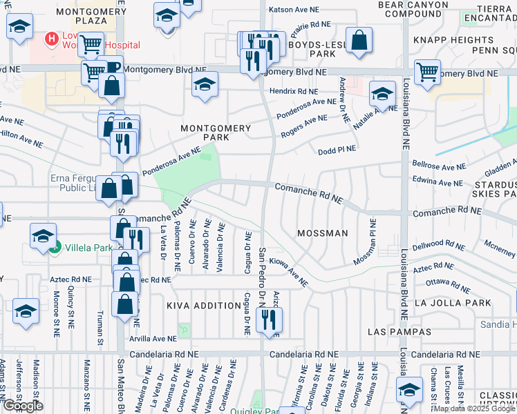 map of restaurants, bars, coffee shops, grocery stores, and more near 3535 San Pedro Drive Northeast in Albuquerque