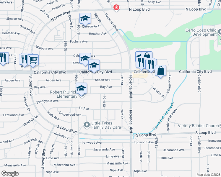map of restaurants, bars, coffee shops, grocery stores, and more near 9224 Bay Avenue in California City