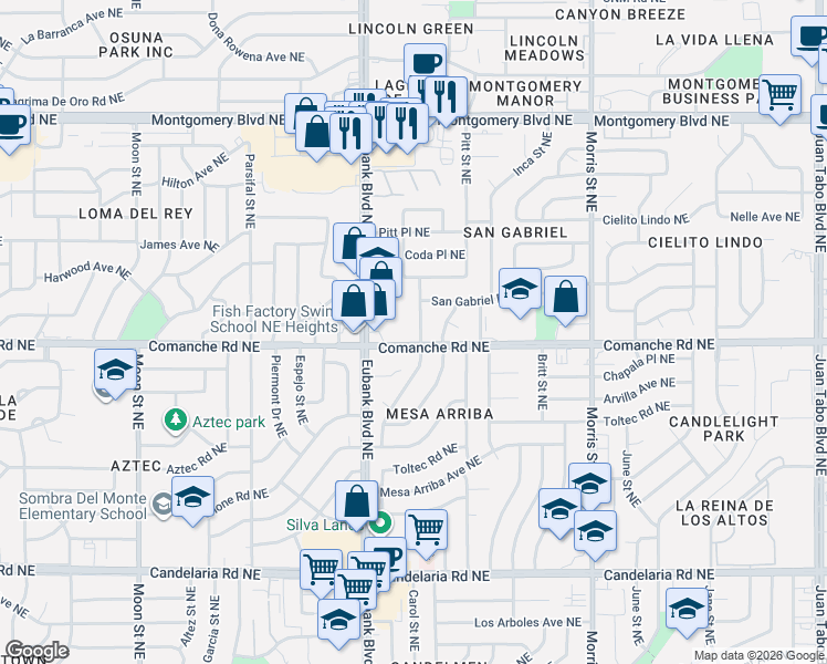 map of restaurants, bars, coffee shops, grocery stores, and more near 3705 Mary Ellen Street Northeast in Albuquerque